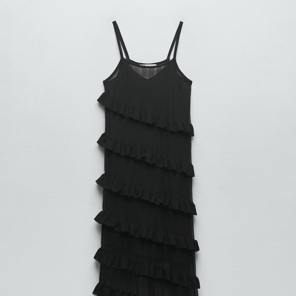 Zara Black Ruffled Tiered Sheath Midi Dress